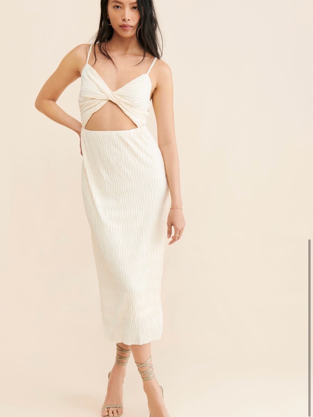 Cream Twist-Front Midi Dress with Cutout